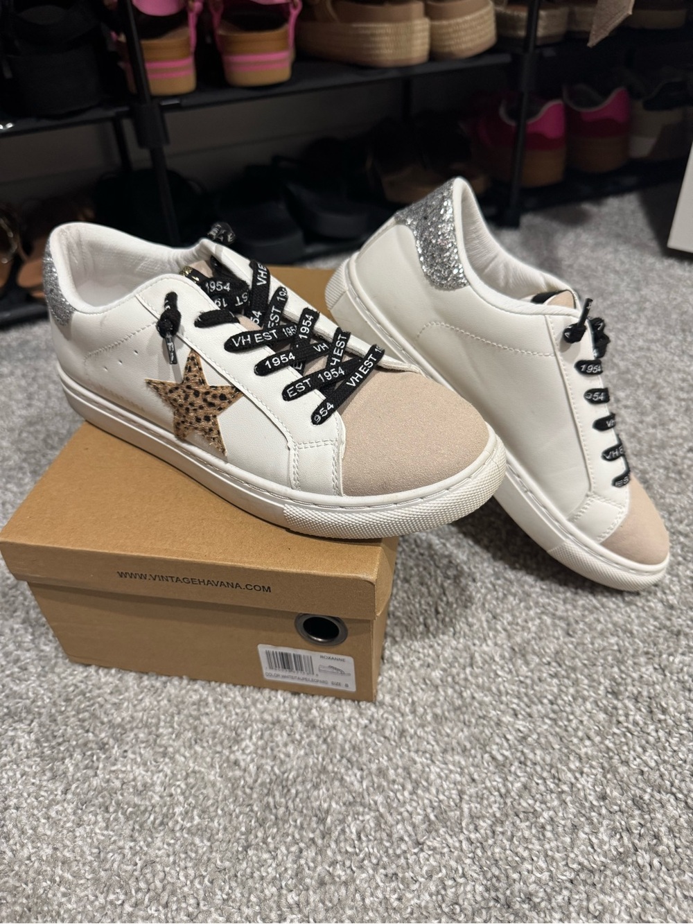 Vintage Havana White Sneakers with Beige Toe, Leopard Star & Silver Heel